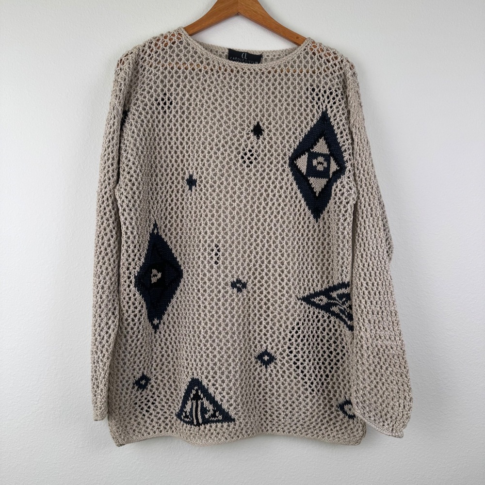 Carole Little Sweater Women M Tan Blue Excellent Vintage Open Knit Geometric